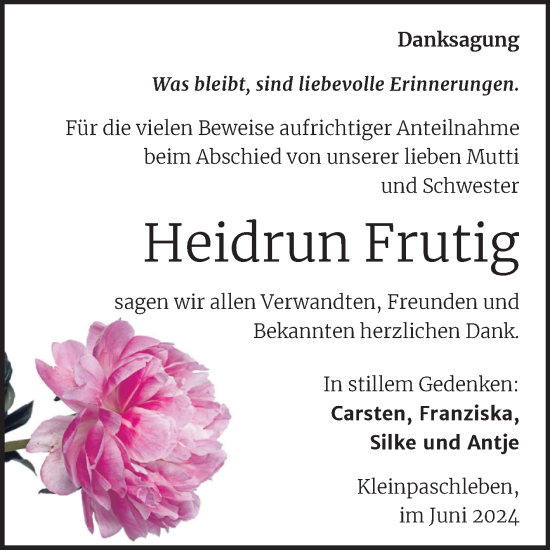 Traueranzeige von Heidrun Frutig von Trauerkombi Köthen
