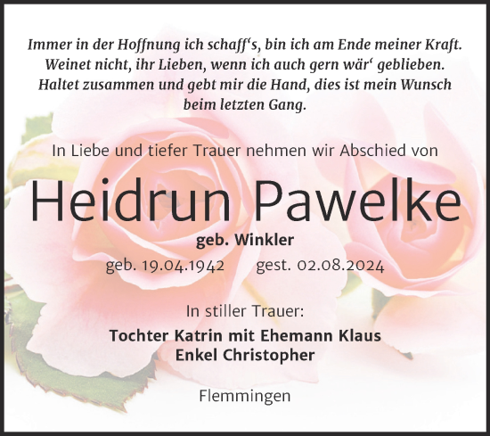 Traueranzeige von Heidrun Pawelke von Super Sonntag Naumburg/Nebra