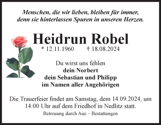 Traueranzeige von Heidrun Robel von Volksstimme Magdeburg