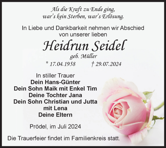 Traueranzeige von Heidrun Seidel von Volksstimme Schönebeck