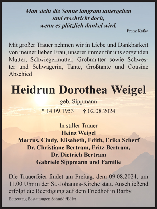 Traueranzeige von Heidrun Dorothea Weigel von Volksstimme Schönebeck