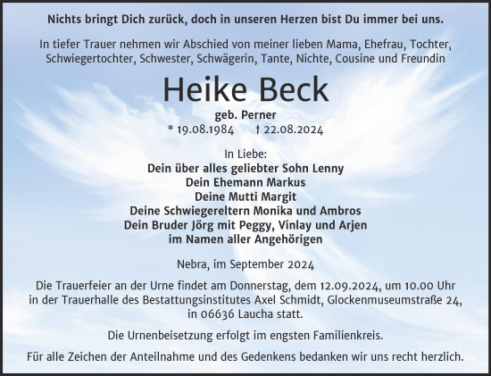 Traueranzeige von Heike Beck von Super Sonntag Naumburg/Nebra