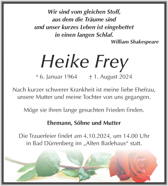 Traueranzeige von Heike Frey von Trauerkombi Merseburg