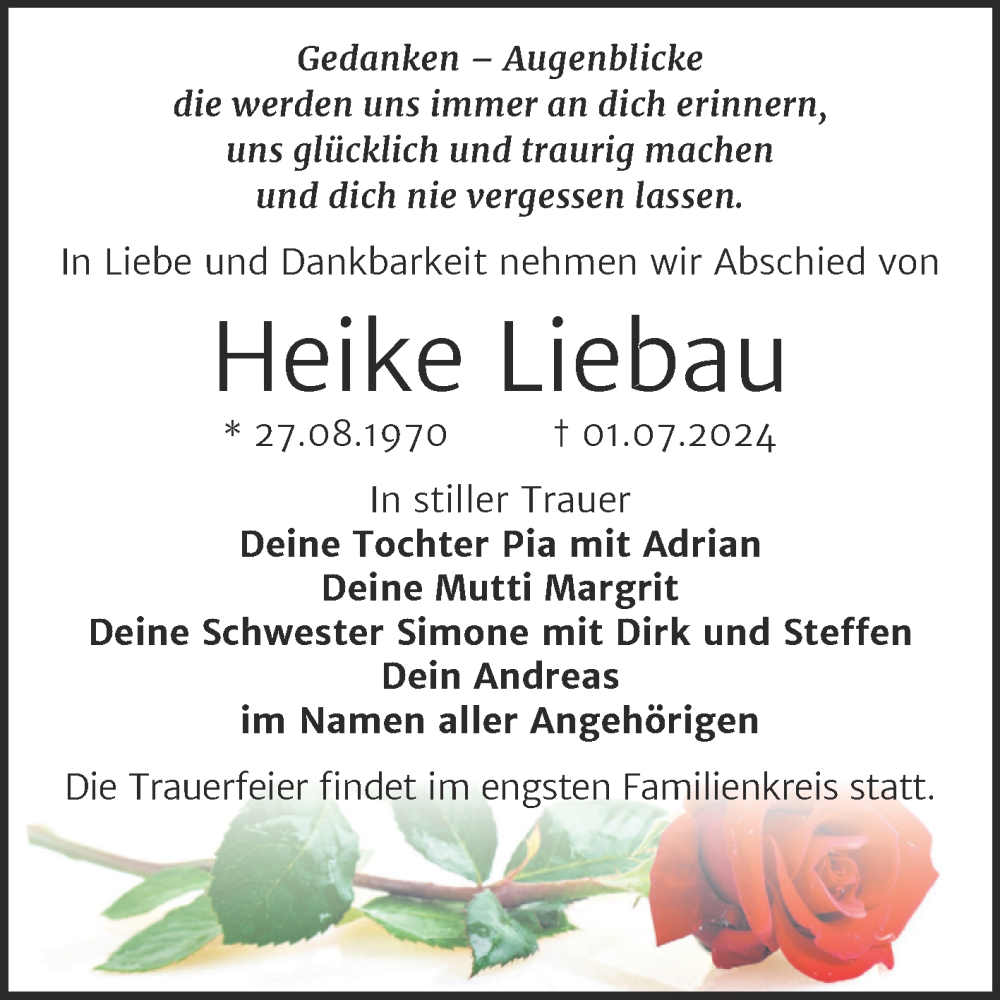  Traueranzeige für Heike Liebau vom 10.07.2024 aus Trauerkombi Sangerhausen