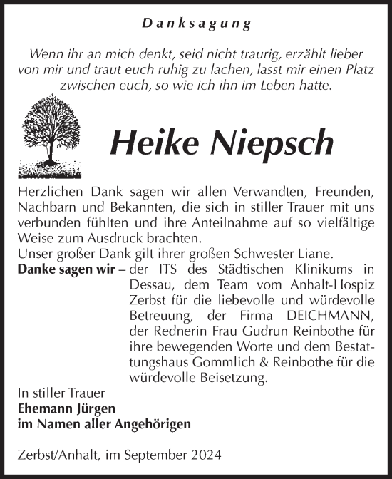 Traueranzeige von Heike Niepsch von Volksstimme Zerbst
