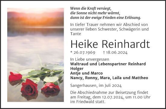 Traueranzeige von Heike Reinhardt von Trauerkombi Sangerhausen