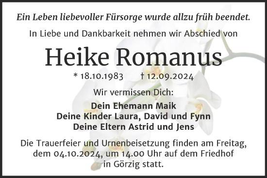 Traueranzeige von Heike Romanus von Trauerkombi Köthen