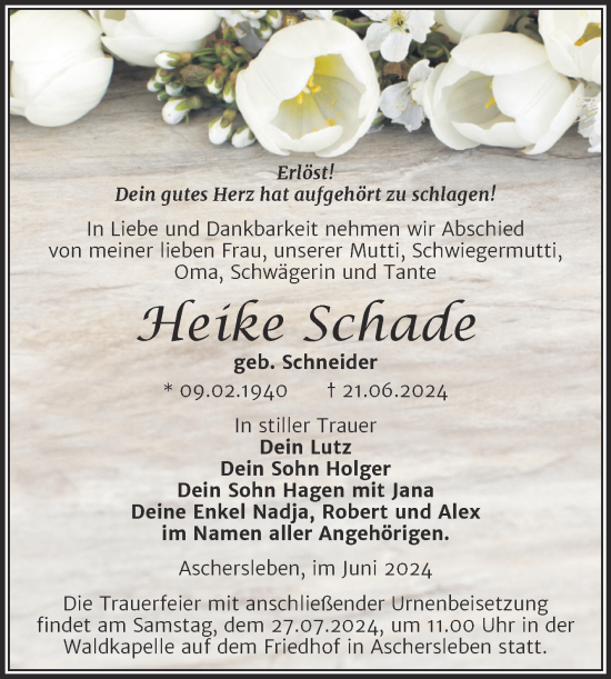 Traueranzeige von Heike Schade von Trauerkombi Aschersleben