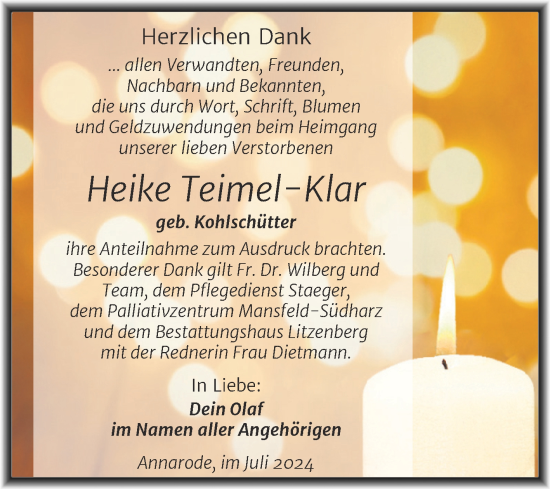 Traueranzeige von Heike Teimel-Klar von Trauerkombi Mansfelder Land