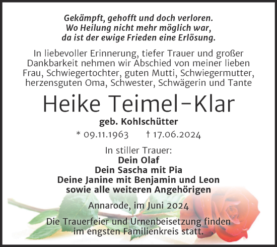 Traueranzeige von Heike Teimel-Klar von Trauerkombi Mansfelder Land