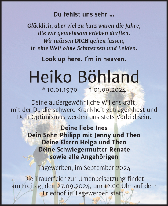 Traueranzeige von Heiko Böhland von Trauerkombi Weißenfels
