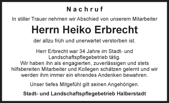 Traueranzeige von Heiko Erbrecht von Volksstimme Halberstadt