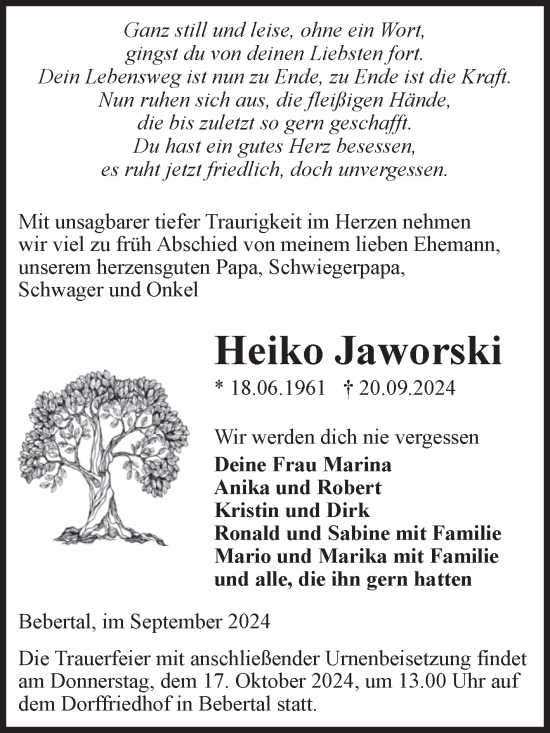 Traueranzeige von Heiko Jaworski von Volksstimme Haldensleben/Wolmirstedt