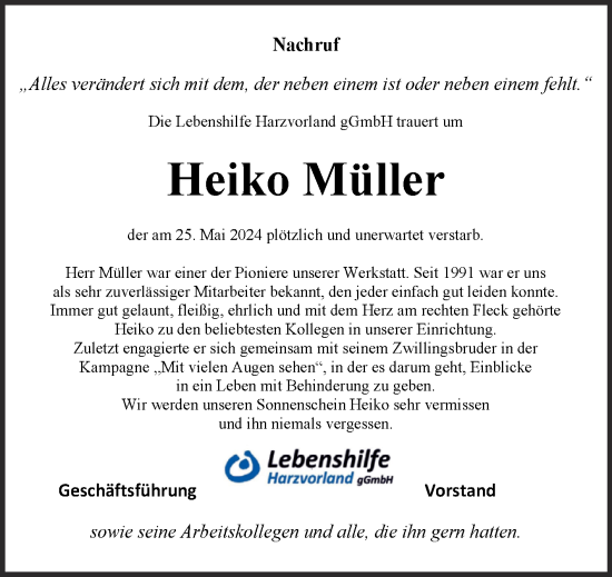 Traueranzeige von Heiko Müller von Super Sonntag Aschersleben