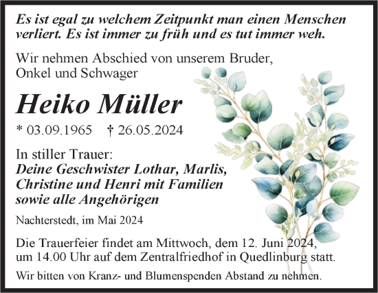 Traueranzeige von Heiko Müller von Trauerkombi Aschersleben