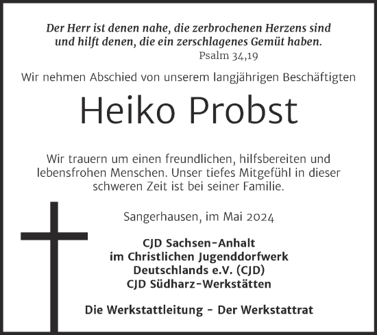Traueranzeige von Heiko Probst von Super Sonntag Sangerhausen