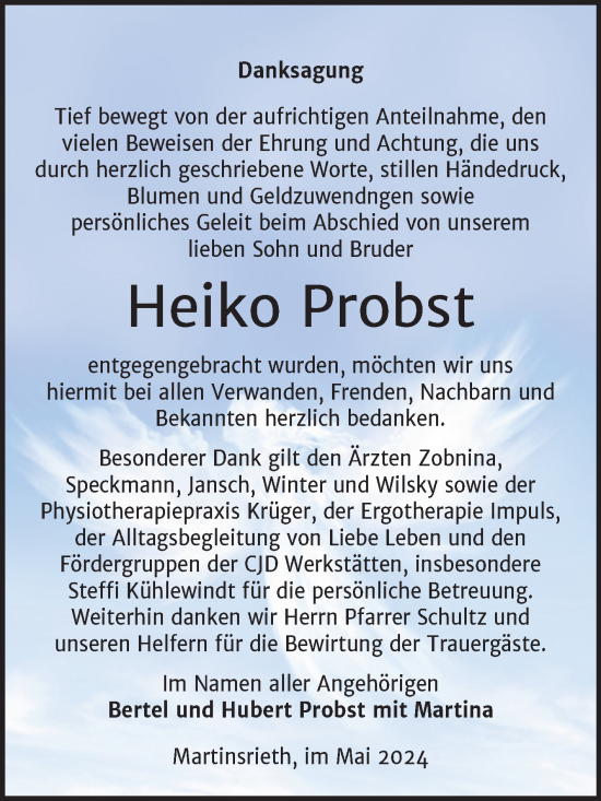 Traueranzeige von Heiko Probst von Trauerkombi Sangerhausen