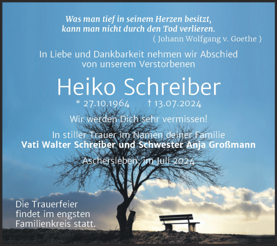 Traueranzeige von Heiko Schreiber von Trauerkombi Aschersleben
