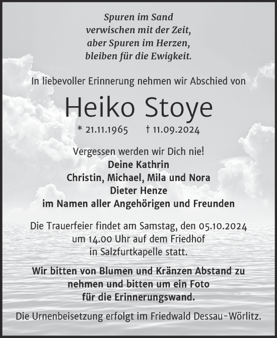 Traueranzeige von Heiko Stoye von Trauerkombi Bitterfeld