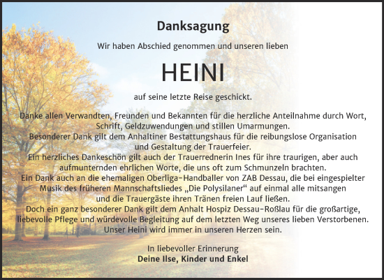 Traueranzeige von Heinei  von Trauerkombi Dessau