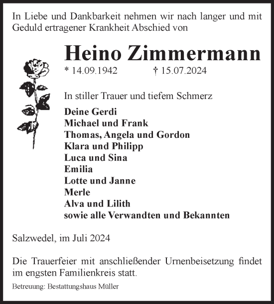 Traueranzeige von Heino Zimmermann von Volksstimme Altmark West