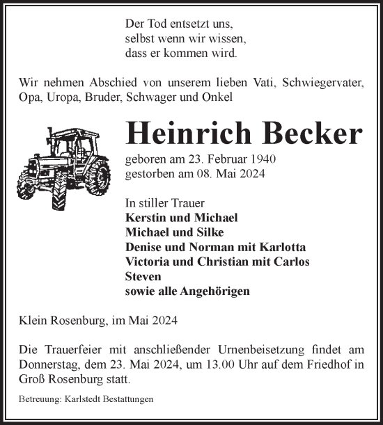 Traueranzeige von Heinrich Becker von Volksstimme Schönebeck