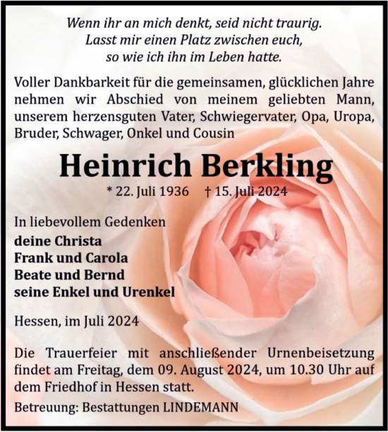 Traueranzeige von Heinrich Berkling von Volksstimme Halberstadt