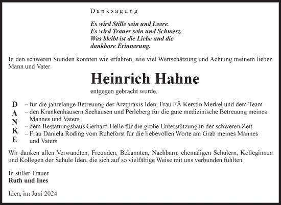Traueranzeige von Heinrich Hahne von Volksstimme Altmark Ost
