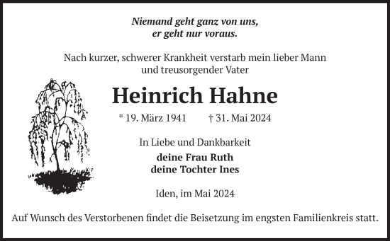 Traueranzeige von Heinrich Hahne von Volksstimme Altmark Ost