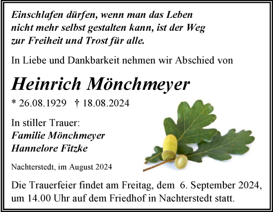 Traueranzeige von Heinrich Mönchmeyer von Trauerkombi Aschersleben