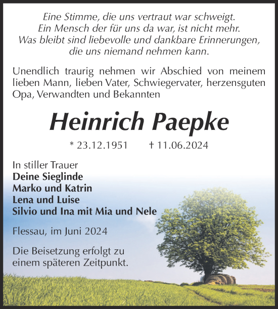 Traueranzeige von Heinrich Paepke von Volksstimme Altmark Ost