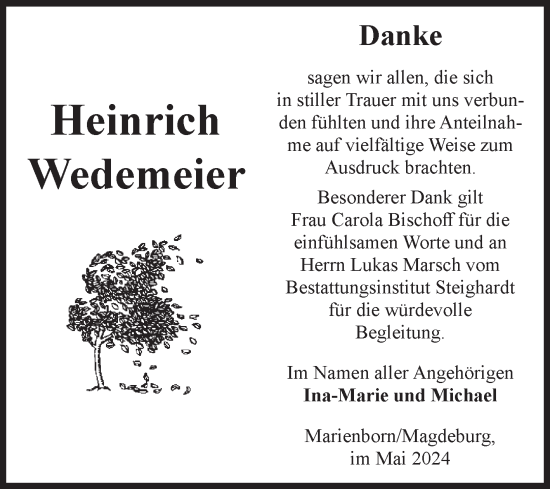 Traueranzeige von Heinrich Wedemeier von Volksstimme Oschersleben/Wanzleben