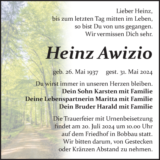 Traueranzeige von Heinz Awizio von Trauerkombi Bitterfeld
