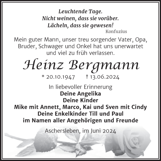 Traueranzeige von Heinz Bergmann von Trauerkombi Aschersleben