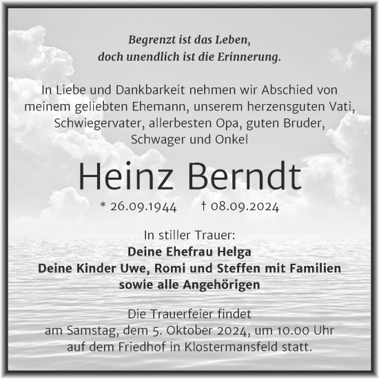 Traueranzeige von Heinz Berndt von Trauerkombi Mansfelder Land