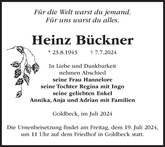 Traueranzeige von Heinz Bückner von Volksstimme Altmark Ost