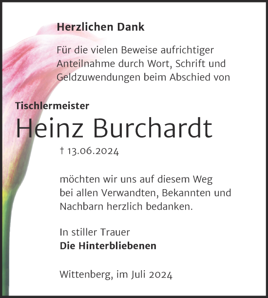 Traueranzeige von Heinz Burchardt von Trauerkombi Wittenberg