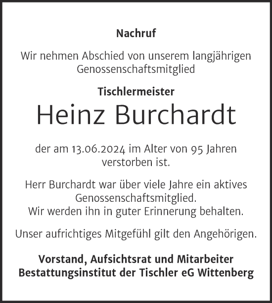Traueranzeige von Heinz Burchardt von Super Sonntag Wittenberg