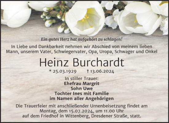 Traueranzeige von Heinz Burchardt von Trauerkombi Wittenberg