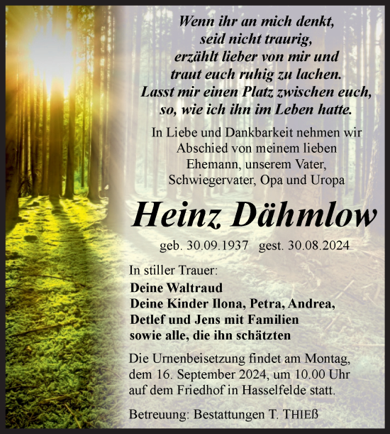Traueranzeige von Heinz Dähmlow von Volksstimme Wernigerode