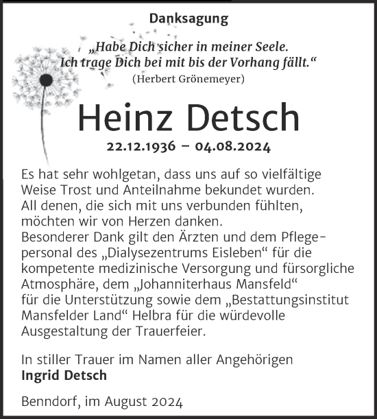 Traueranzeige von Heinz Detsch von Trauerkombi Mansfelder Land