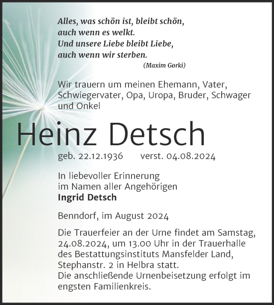 Traueranzeige von Heinz Detsch von Trauerkombi Mansfelder Land