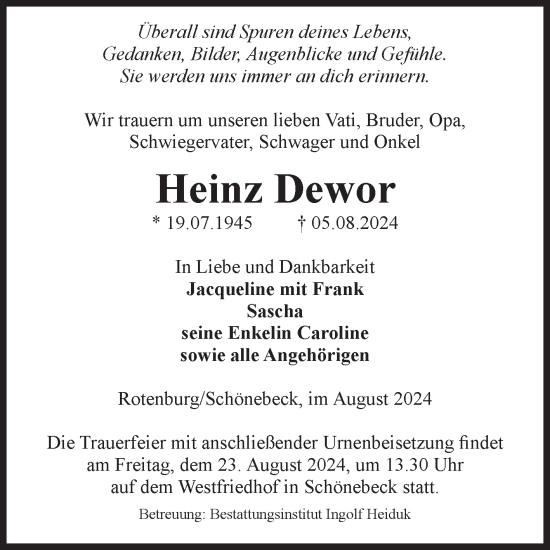 Traueranzeige von Heinz Dewor von Volksstimme Schönebeck