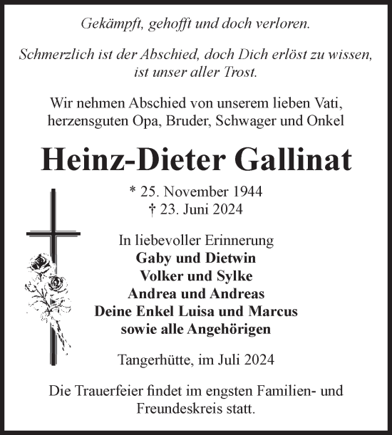 Traueranzeige von Heinz-Dieter Gallinat von Volksstimme Altmark Ost