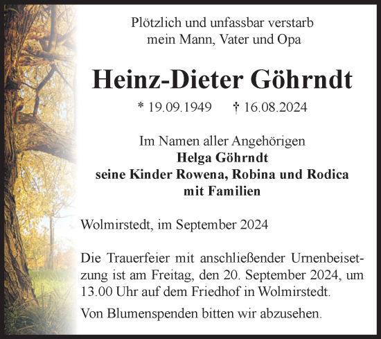 Traueranzeige von Heinz-Dieter Göhrndt von Volksstimme Haldensleben/Wolmirstedt