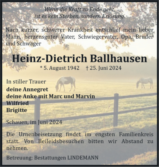 Traueranzeige von Heinz-Dietrich Ballhausen von Volksstimme Halberstadt