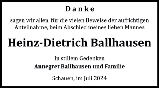 Traueranzeige von Heinz-Dietrich Ballhausen von Volksstimme Halberstadt