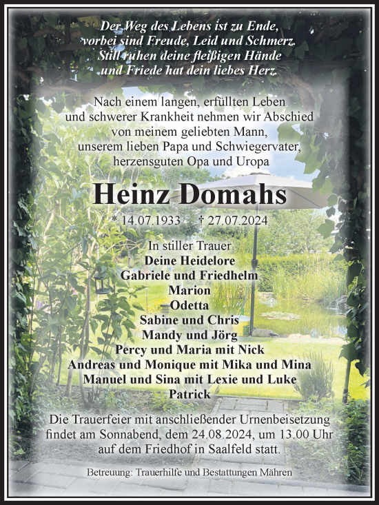Traueranzeige von Heinz Domahs von Volksstimme Altmark West