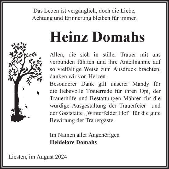 Traueranzeige von Heinz Domahs von Volksstimme Altmark West