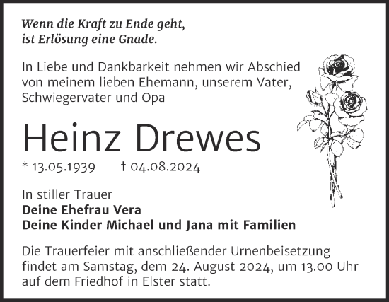Traueranzeige von Heinz Drewes von Super Sonntag Wittenberg
